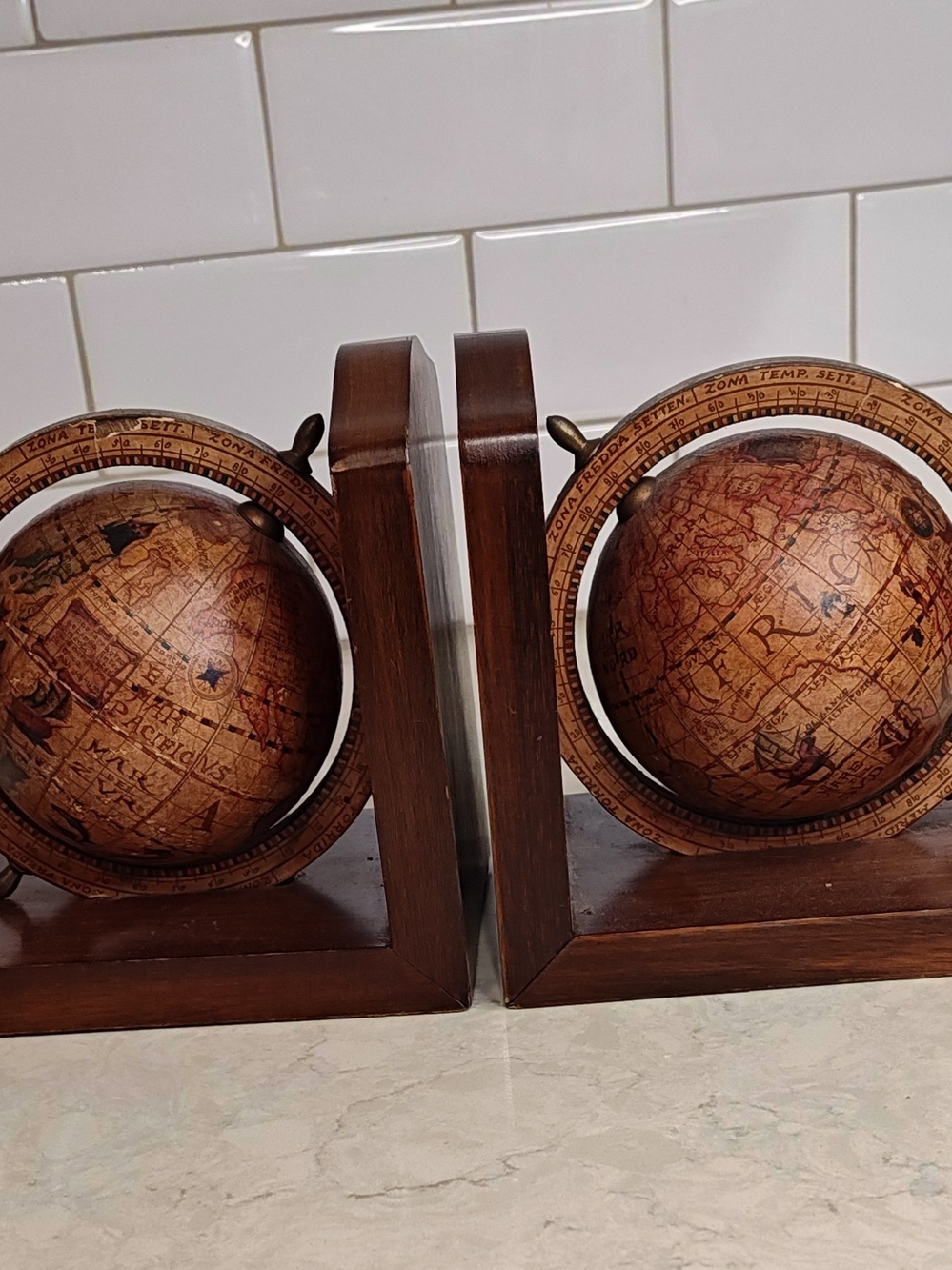 Italian Globe Old World Bookends Wood Base MCM Decor Library Office Den Book
